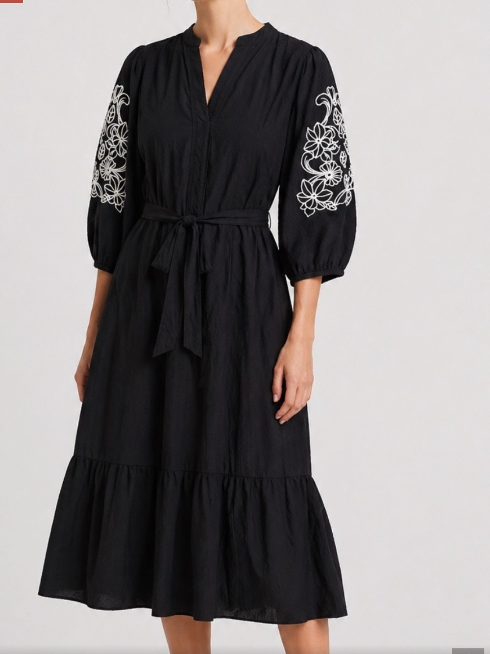Draper James RSVP Black 3/4 Embroidered Balloon Sleeves Tie-Waist Dress - Size S